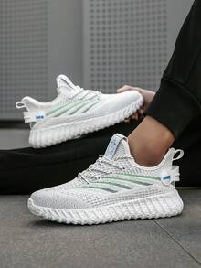 男士时尚撞色条纹网眼低帮系带休闲运动鞋，户外舒适软底轻便步行增高情侣跑步鞋