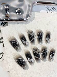 10片/套长款棺材形假指甲，手工制作经典深黑色渐变扎染蝴蝶银箔金属亮片水晶装饰全覆盖假指甲片，优雅芭蕾美甲装饰，时尚配饰，适合派对、典礼、日常佩戴。附赠1个指甲锉，1个按压棒，美甲用品 - 彩色 - 查看 3