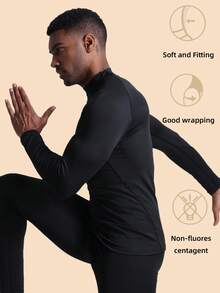 高弹速干压缩高领长袖男士塑身衣上衣，运动健身紧身衬衫 - 黑色 - 查看 1