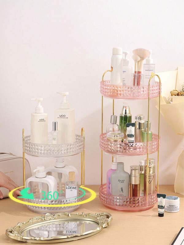 Diamond Pattern Rotating Acrylic Makeup Organizer Box, 360° Swivel Vanity Countertop Organizer For Lipstick, Skincare, Perfume, Bathroom Storage Rack