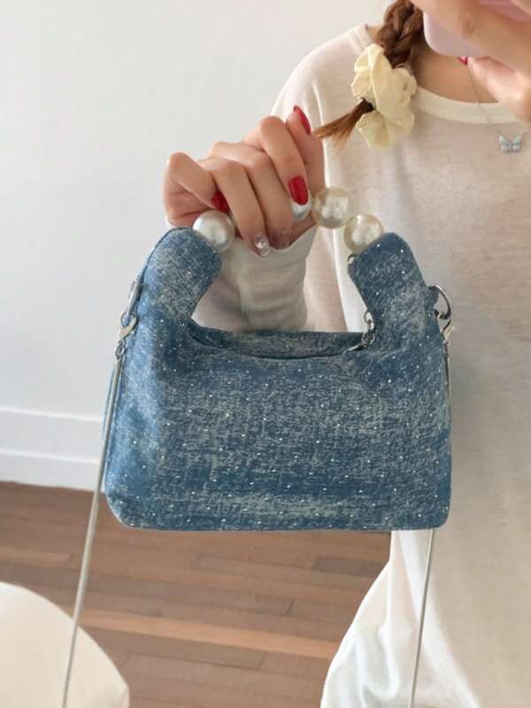 1 Piece Of Fashionable And Simple PU Bag, Shoulder Handbag Suitable For Daily Use, Fashionable And Briefcase, Commuter Bag, Faux Pearl Small Bag, Retro Denim Small Bag