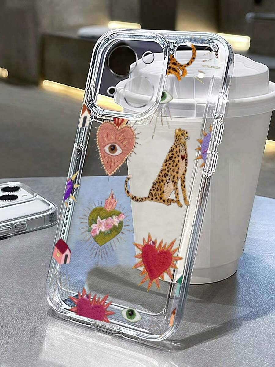 1pc Transparent Cool Space Theme Protective Phone Case With Abstract Heart & Leopard Pattern, Made Of High Quality TPU Material, Compatible With IPhone 13, 14, 15, 16, 16 Pro, 16 Plus, 16 Pro Max, 11, 12 Pro Max, X, XR, XS Max, 7, 8 Plus, 13 Mini, 12 Mini, 13 Pro Max, 12 Pro, 11 Pro Max, 14 Pro, 14 Plus, 15 Plus Phones, Fashionable, Shockproof - Multicolor - View 1