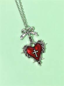 1 pieza Collar de cadena de acero inoxidable estilo retro único para mujer con colgante de corazón, moño y cruz en rojo y negro de estilo gótico oscuro y punk