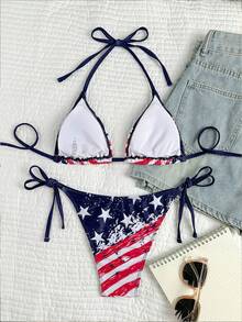Sexy Women's Halter Backless Lace Up Bikini Set With American Flag Print For Summer Beach Wear - Navy Blue - View 2