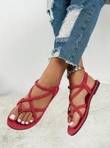Women's Flat Sandals, New Material, Solid Color Criss-Cross Elastic Strap Non-Slip Casual Summer Beach Sandals
