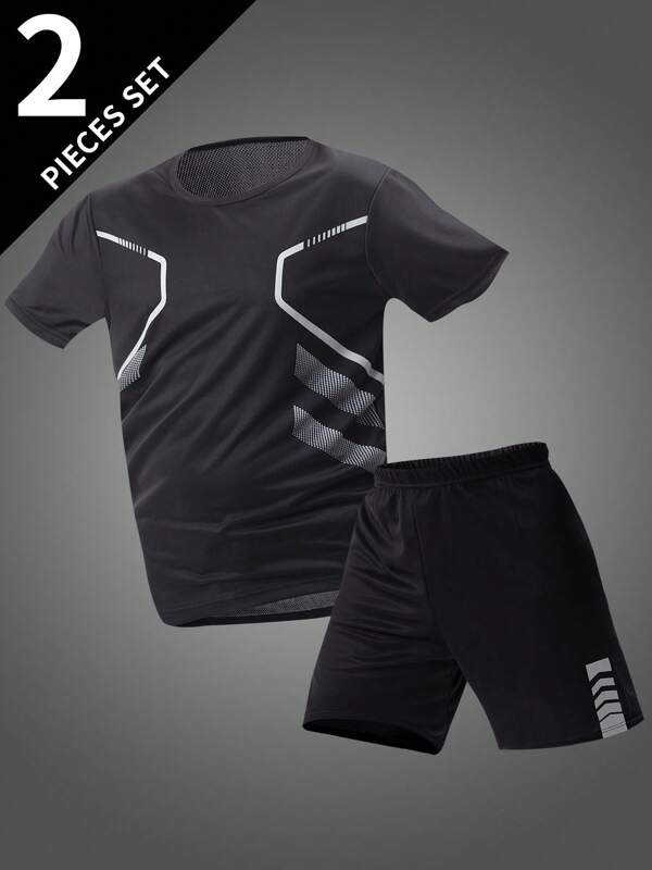 2pcs Men's Summer Short Sleeve Outfit, Casual Sports Round Neck T-Shirt + Shorts Set