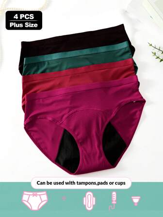 4pcs/Set Plus Size Women Solid Color High Stretch Comfortable Skin-Friendly Leak-Proof Period Panties