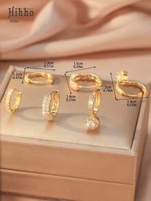 Hihho Set de 6 piezas de Pendientes de aro doble con incrustaciones de cristal de circonita brillante, color dorado, regalo de cumpleaños, aniversario, fiesta o Día de San Valentín - Amarillo Oro - Ver 4
