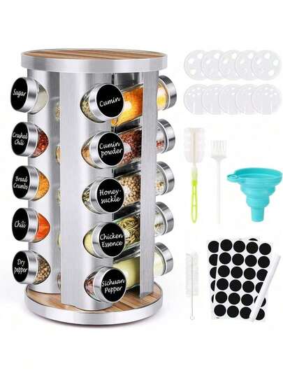 Spice Rack Organizer With Jars For Cabinet (20Pcs) Revolving/Rotating Seasoning Organizer, Stainless Steel/Wooden Countertop Rack Tower Organizer For Kitchen Pantry With Reusable Labels/Funnel/Brushes