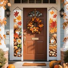 2pcs,Hello Fall, Porch Banner Sign, Autumn Maple Leaf And Squirrel Pattern Front Door Decoration, Hanging Welcome Banner Flag, Autumn Pumpkin Country Seasonal Farmhouse Thanksgiving Decoration, Home Outdoor Decoration