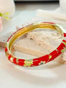 1 pieza Brazalete de estilo vintage con esmalte floral dorado, pulsera dorada, accesorio de joyería apta para niñas y mujeres, uso diario y regalo para festividades