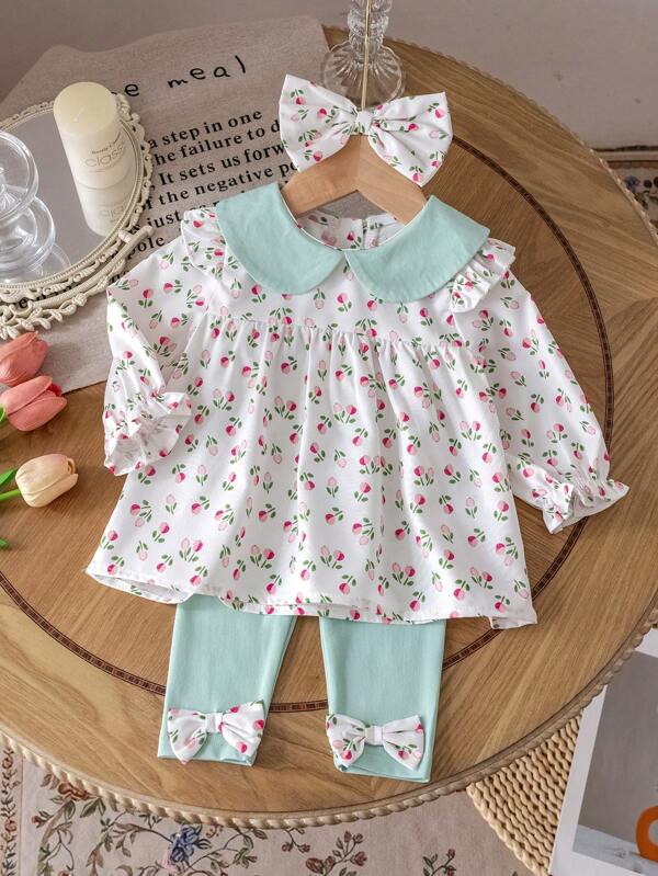 3pcs/Set Newborn Baby Girls Princess Style Long Sleeve Outfit With Headband, Top And Pants, Cute And Fashionable For Spring/Autumn