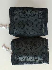 Sanrio 1pc Kitty Flocked & Mesh Portable Cosmetic Bag, Large Capacity Makeup Storage Pouch, Practical For Outdoor Use