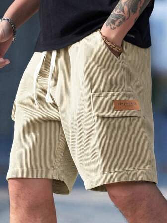 Men's Classic Corduroy Cargo Shorts, Multi-Pockets With Leather Tag, Drawstring & Color Block Design, Casual Fashion Streetwear For Summer, Bermuda Shorts