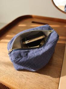 Japanese Style Plaid Stripe Fabric Cosmetic Bag, Multi-Function 3D Zipper Storage Pouch, Travel Portable Organizer Inner Bag Clutch Travel Essentials For Vacation Summer Holiday Back To School School Stuff Bag For School Travel Bag For Women Makeup Bag For Travel Supplies