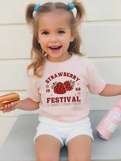 女婴可爱草莓印花圆领短袖上衣，休闲