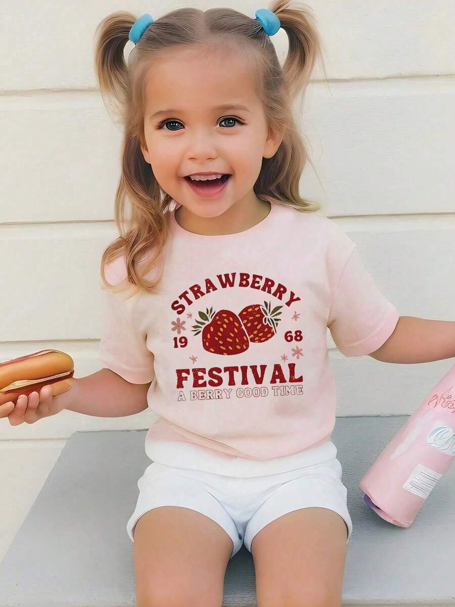 女婴可爱草莓印花圆领短袖上衣，休闲 - 粉色 - 查看 1