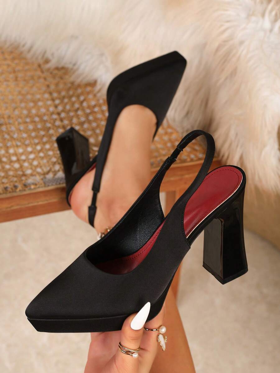 Women's Pointed Toe Waterproof Platform Thick Heel Slip-On High Heels, Fashion Minimalist Satin Closed Toe Shoes, Elegant & Comfortable For Commute, Party, Formal Occasions (Run Half Size Large) - 黑沙丁 - 查看 1