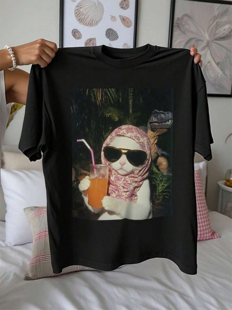 女式夏季复古猫咪图案印花圆领短袖简约休闲日常T恤上衣，复古猫咪女士上衣，复古猫咪女士夏季服装，复古猫咪夏季上衣 - 黑色 - 查看 1