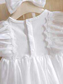 2件套新生女婴时尚公主风网纱无袖连体衣和发带套装，夏季