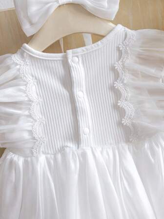 2件套新生女婴时尚公主风网纱无袖连体衣和发带套装，夏季