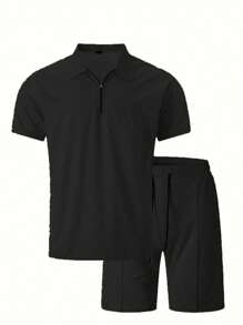 休闲男士 Polo 领短袖套头衫套装 - 黑色 - 查看 3