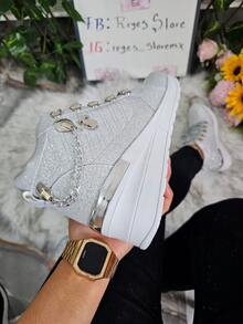 Tenis Zapato de Mujer Plataforma con  Brillos  Glitter  Cuña,  Cómodos, con detalles Métalicos Cadena , Juvenil     Casual  Fiesta  Al aire libre  Sexy          Fiesta  Oficina  Casa  Exterior Ideal para Graduación , Versátiles 2026 - Plateado - Ver 4