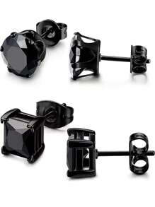 2 pares de pendientes de acero inoxidable con circonita cúbica, pendientes tipo botón clásico de estilo europeo y americano con circonita cuadrada de 6 mm para hombres y mujeres
