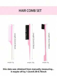 3pcs Smooth Hair Brush Set, Includes 1 Edge Brush, 1 Hair Brush, 1 Tail Comb, And 1 Fluffy Brush For Flyaways, Pink - Multicolor - View 2