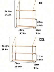 1 cái (có móc) Kệ dây treo tường trang trí, không cần khoan giá để đồ, kệ sách bằng gỗ ngăn cách bằng dây đay, kệ trang trí tường, kệ nhiều lớp cho phòng khách - Màu Khaki - Xem 6