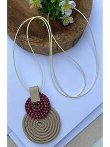 Women's Long Necklace Color Handmade Mandal Pendant - 15.自然色/瑪薩拉酒紅波爾卡圓點 - 查看 2