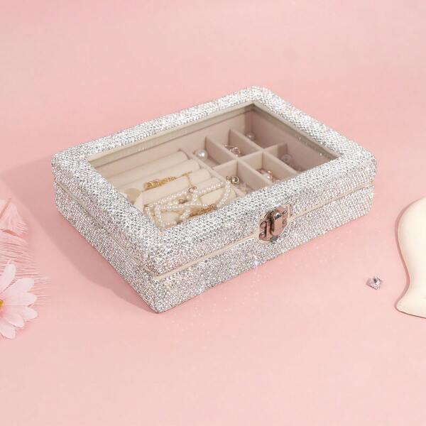 1pc Luxury Shiny Jewelry Box, Jewelry Storage Box, Multifunctional Display Box, Flip-Cover Box For Easy Categorization And Space Saving, Removable Divider, Suitable For Vanity, Daily Organization, Holiday Gift For Women Storage Organizer Travel Essentials Back To School Dormitory Storage