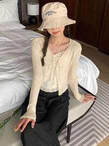 百搭浪漫花卉蕾丝V领系带短款女式开衫，2025年新款 - 杏色 - 查看 6