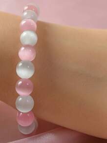 1pc Elegant & Cute Pink And White Cat Eye 8mm Beaded Bracelet, Adjustable For Women, Daily Accessory, Perfect Gift For Mother's Day Or Holidays