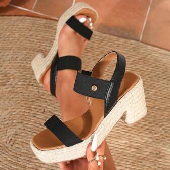 Sandales décontractées à bride unique avec talon compensé épais, sangle en ficelle de chanvre, style bohème