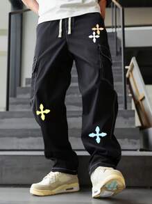 1 件男士多口袋工装裤，宽松版型，十字彩色印花设计，适合海滩、日常通勤、运动户外，休闲直筒裤，时尚街头服饰，送给男朋友/丈夫的礼物，纪念礼物