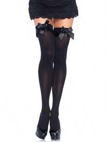 Women's Opaque Thigh Highs With Satin Ruffle Trim And Bow Cjtpuh2dian