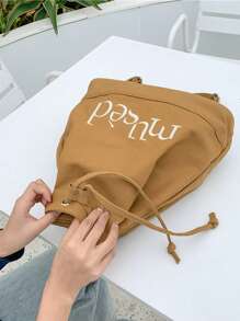 Mochila Saco com Cordão Estampa de Letra Casual na Moda, Mochila de Viagem e Férias