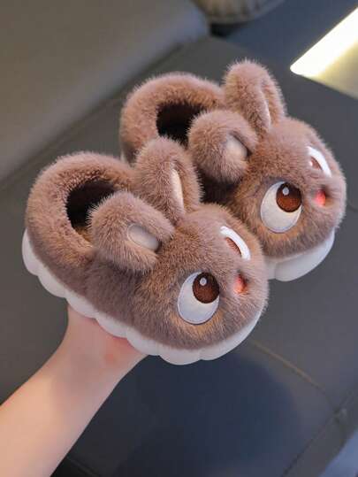1 par de pantuflas con diseño de orejas de conejo de peluche, con forro de piel sintética suave y suela de goma antideslizante, pantuflas cálidas para el interior del hogar para niños pequeños y niños
