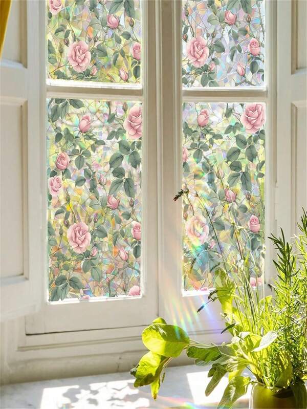 1Roll Rainbow Window Privacy Film Decorative Stained Glass Diamond Pattern Window Sticker With Iridescent Tint Non-Adhesive Static Cling For Home Office Bathroom