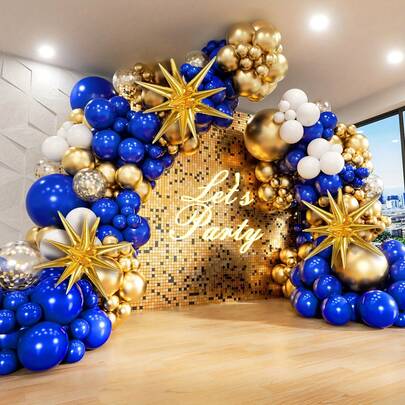 136pcs Royal Blue & Gold Balloon Arch Kit, Includes Star Foil Balloons, 5" 10" 12" 18" Navy Blue White & Gold Balloons, For Anniversary, Boy, Girl, Kids, Baby Shower, Gender Reveal, Wedding, Birthday, Room, Party Decor