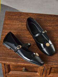 Women's Fashion Square Toe Low Vamp Black Patchwork Contrast Color Rivet Button Gold Button Shoes, Office Casual Versatile Flats, Spring/Summer Outdoor Play High-End Elegant Ballet Flats, French Square Toe Flats, Commuting Minimalist, Commuting To Work, Date Outfit, Street Shopping, Spring Picnic, 2024 New Versatile Chic Shoes - Black - View 2