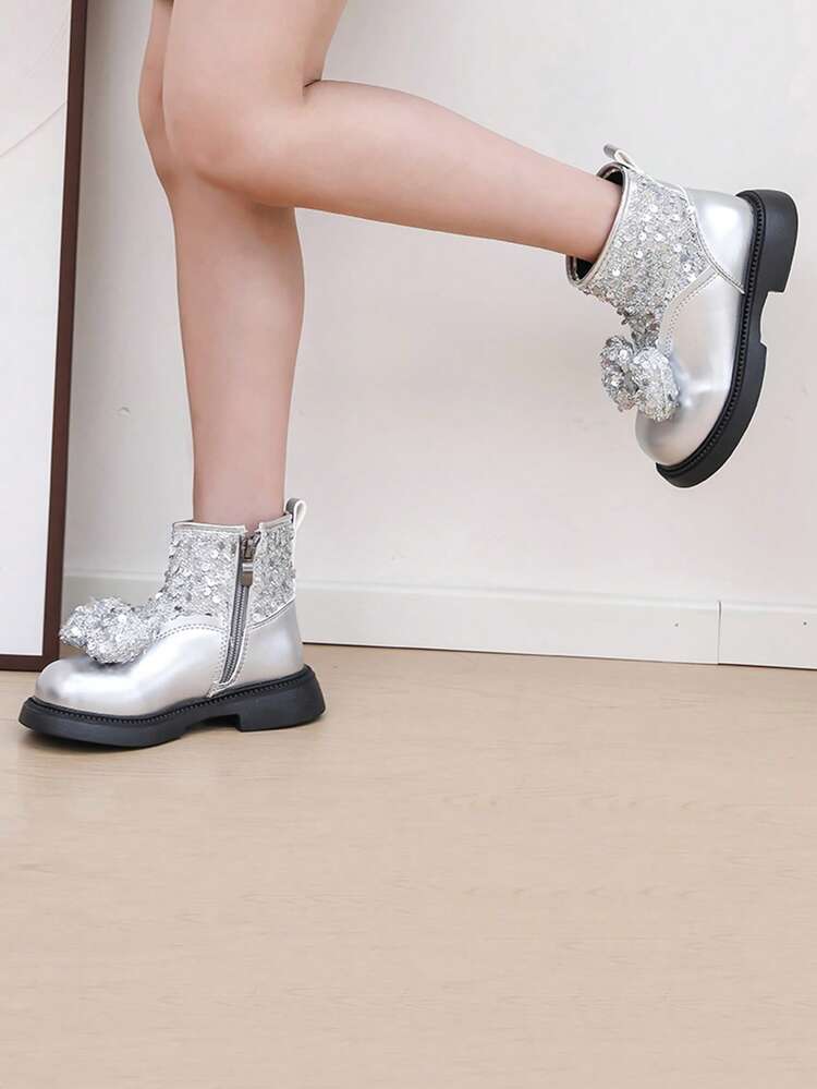 1 Pair Girl & Kids Rhinestone Sequin Fashion Mid-Calf Boots, Versatile Anti-Slip Durable Boots - Silver - View 3