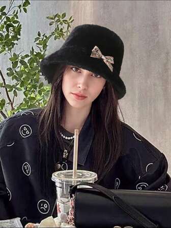 1pc Women's Autumn/Winter Large Brim Fluffy Warm Bucket Hat, Embroidered Bow Decor Bucket Hat, Women Outdoor Casual