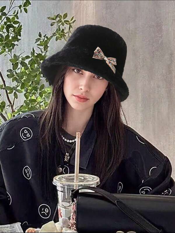 1pc Women's Autumn/Winter Large Brim Fluffy Warm Bucket Hat, Embroidered Bow Decor Bucket Hat, Women Outdoor Casual
