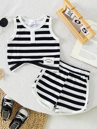 2pcs Baby Boy Casual Sleeveless Striped T-Shirt And Striped Shorts Set, Summer