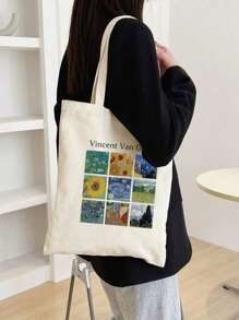 1 pieza Bolso de lona beige de moda, estampado de retazos de pintura al óleo, bolso de compras portátil para exteriores