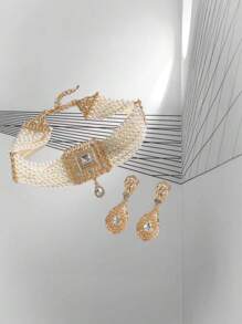 1 Set de Collar y Pendientes de Perlas Falsas, Juego de Joyas Nupciales, Tono Dorado Marroquí