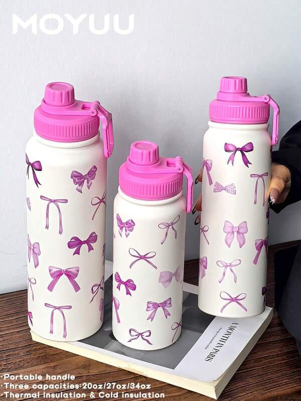 1pc 600ml/800ml/1000ml Watercolor Girl Bow Pattern Double Wall Stainless Steel Cup, Outdoor Sports Water Bottle, Flat Bottom Cup, Water Cup, Tea Pot, Tea Cup, Coffee Cup, Water Bottle, Fitness Sports Water Bottle; Applicable For Office, Outdoor, Gym, Travel, Home And Other Scenarios; Birthday Gift, Valentine's Day Gift, Mother's Day Gift, Graduation Season, Back To School Season And Other Holiday Gifts