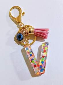 1 pieza Llavero con inicial de alfabeto, llavero de pompón de peluche lindo, accesorio colgante para bolso, mochila, coche, mujer y niña. Llavero de resina con lentejuelas, accesorios para billetera y bolso, llavero con borlas, inicial de alfabeto de la A a la Y, accesorios para coche, ideas de regalo de Navidad gótico y Y2K